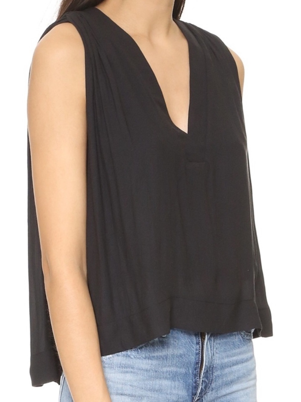 Free People Darcy sleeveless blouse black V-neck pleated shoulder Size L